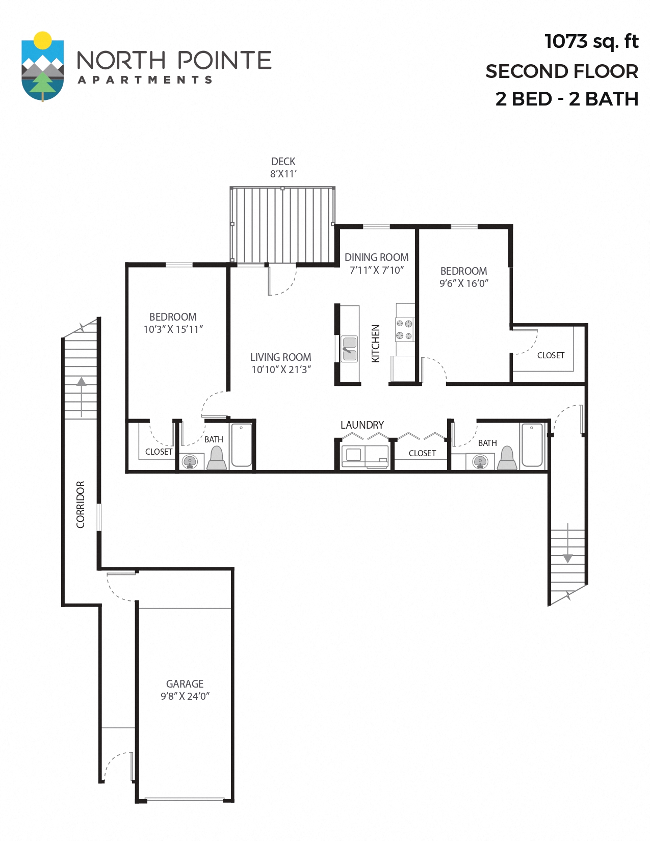 Floor plan for 2 beds, 2 baths, 1073 sqft